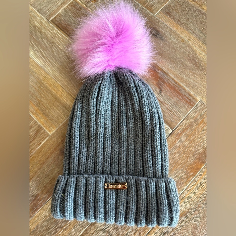 Kensie Charcoal Knit Hat with Vibrant Pink Pom-Pom